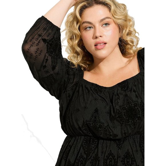 NWT Womens Plus Size 2X Torrid Flocked Mesh Square Neck Puff Sleeve Peasant Top - Picture 2 of 5